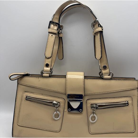 Guess Vintage Purse Handbag Tan Vegan Leather Top Handle Buckle Baguette Y2K - Picture 2 of 11